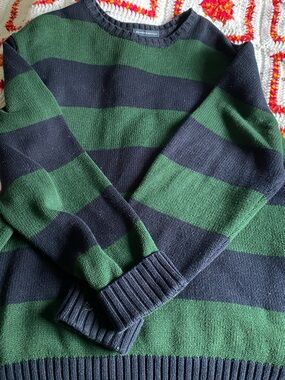 Brandy Melville Green and Black Striped Crewneck Sweater